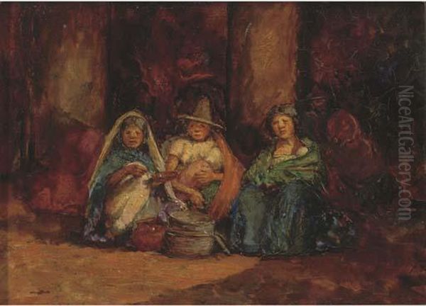 Indian Women Selling In A Market Place, Mexico Oil Painting by Mortimer Luddington Mempes