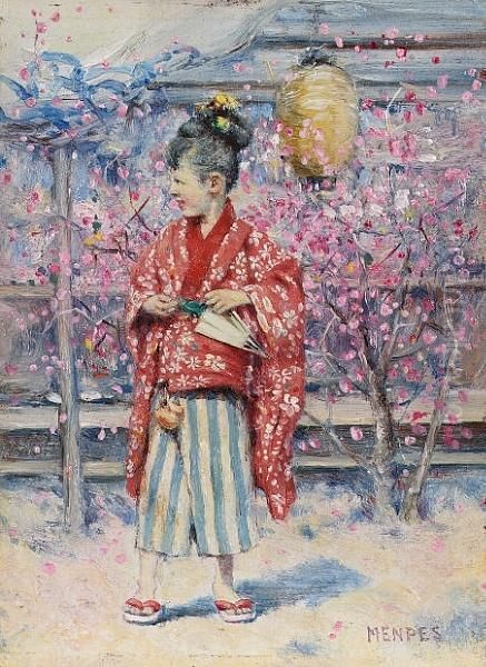 Girl In A Japanese Garden, Spring Oil Painting by Mortimer Luddington Mempes