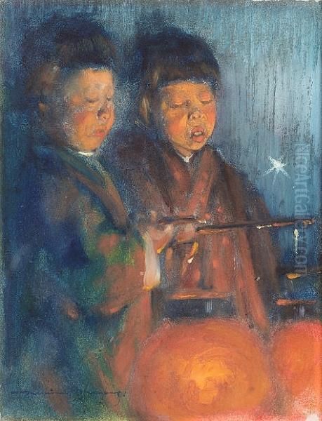 Japanese Children Holding Paper Lanterns; A Japanese Child, A Pair Oil Painting by Mortimer Luddington Mempes