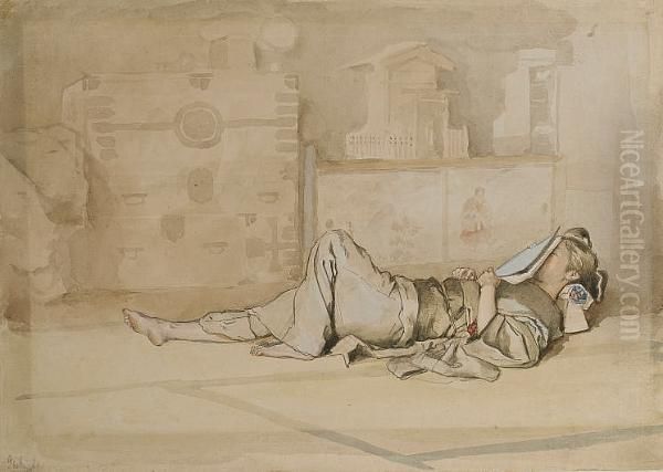 A Sleeping Japanese Man Oil Painting by Mortimer Luddington Mempes