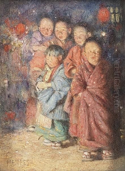 Japanese Children By Firelight Oil Painting by Mortimer Luddington Mempes