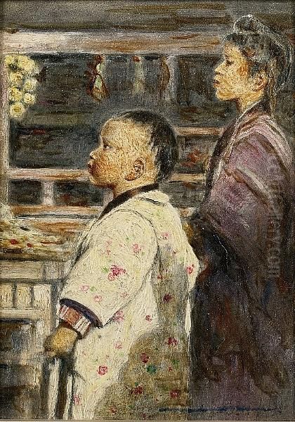 Japanese Children In A Shop Oil Painting by Mortimer Luddington Mempes