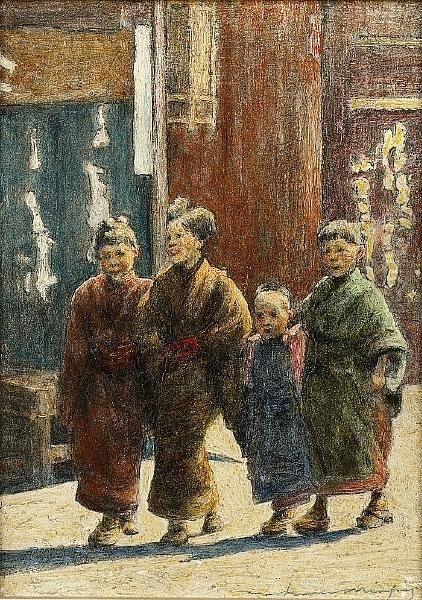 Japanese Children In The Street Oil Painting by Mortimer Luddington Mempes