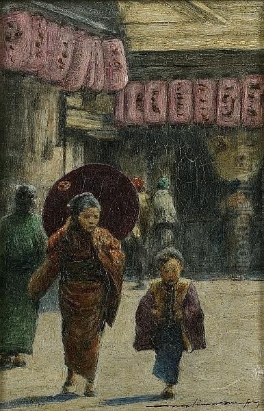 A Busy Japanese Street Oil Painting by Mortimer Luddington Mempes