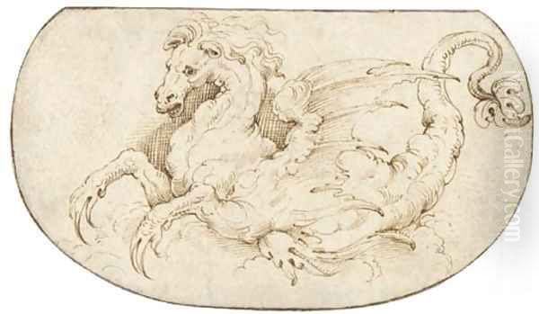 A hippocamp Design for an embroidered panel Oil Painting by Perino del Vaga (Pietro Bonaccors)