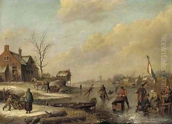 A frozen river with townsfolk skating and sledging Oil Painting by Andries Vermeulen