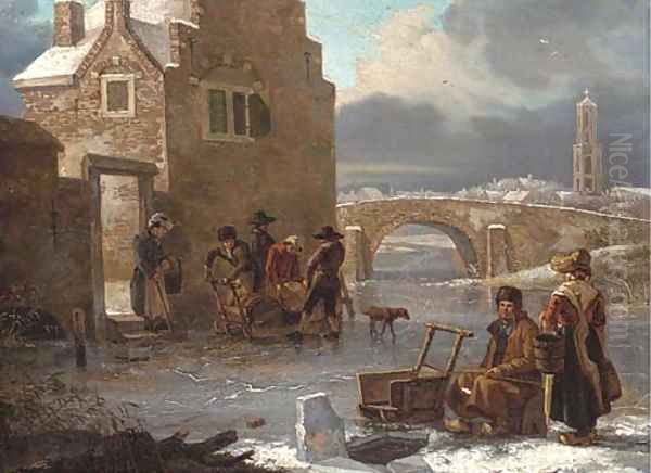 A winter landscape with figures fishing on a frozen river Oil Painting by Andries Vermeulen