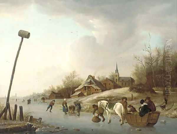 A winter landscape with skaters and a cart on a frozen river near a village Oil Painting by Andries Vermeulen