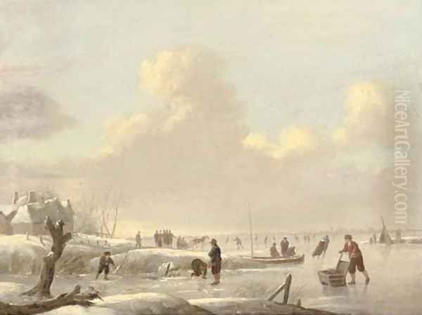 A winter landscape with skaters on a frozen river, a tent and a town beyond Oil Painting by Andries Vermeulen