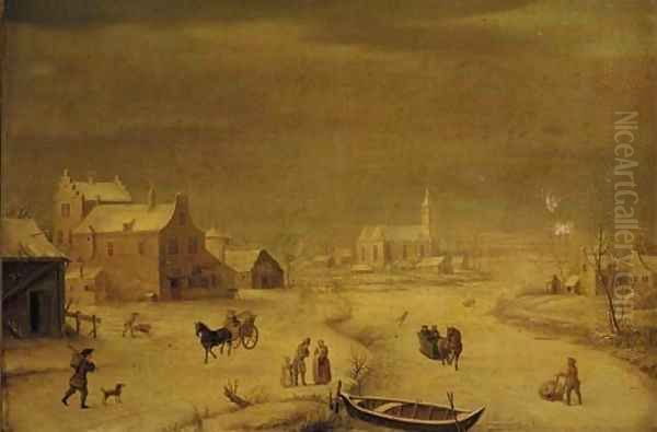 A winter landscape with burghers by a frozen river, a town beyond Oil Painting by Andries Vermeulen