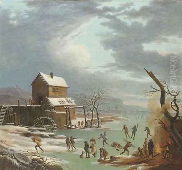 A winter landscape with skaters on a frozen canal, a house with a watermill nearby Oil Painting by Andries Vermeulen