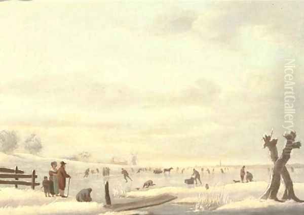 A winter landscape with skaters on a frozen river, a windmill and a town beyond Oil Painting by Andries Vermeulen