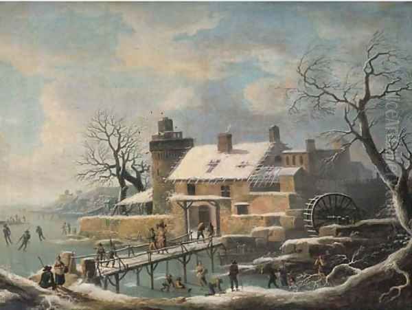 A winter landscape with skaters on frozen water and travellers on a bridge, a village with a watermill nearby Oil Painting by Andries Vermeulen