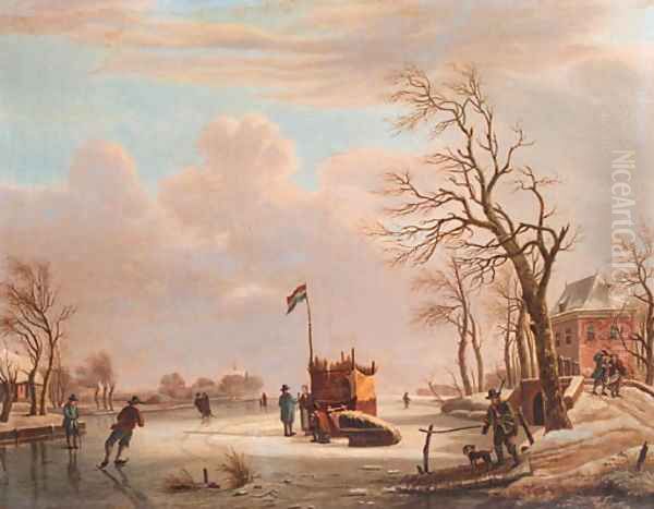 Skaters and other townsfolk on a frozen river by a country mansion Oil Painting by Andries Vermeulen