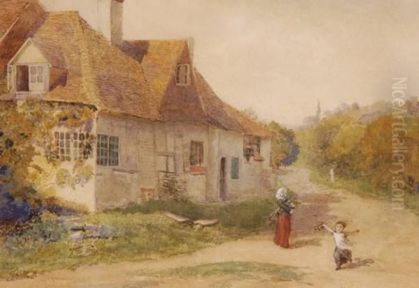 Woman And Child Outside A Country Cottage Oil Painting by John Henry Mole