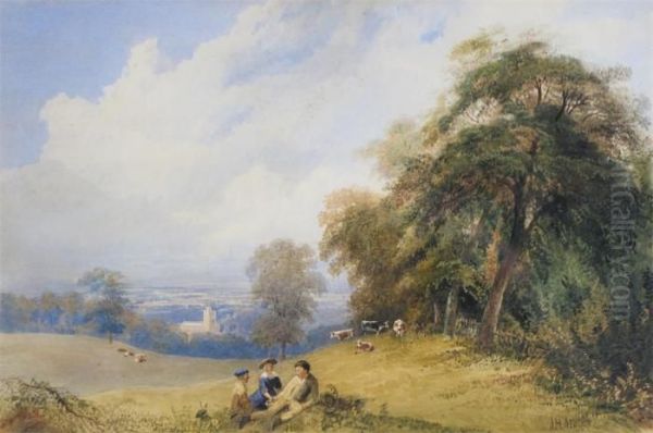 Children Playing On A Hill, A Church Beyond Oil Painting by John Henry Mole