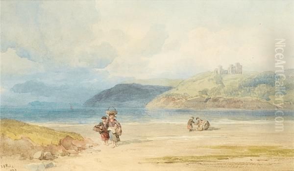 Figures On The Shore With A Castle In The Distance Oil Painting by John Henry Mole