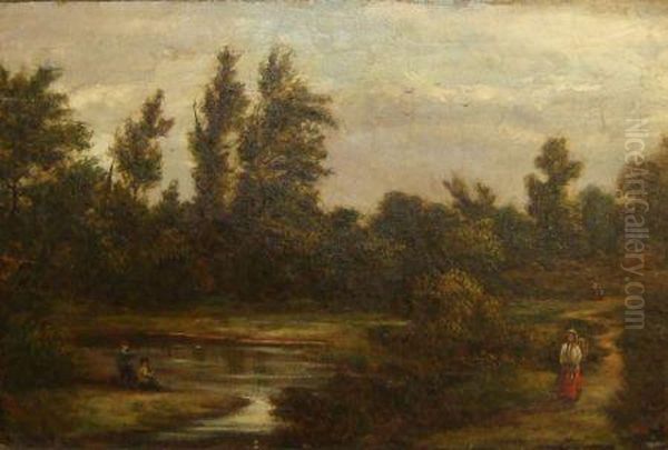 Two Figures On Riverside Path Oil Painting by John Henry Mole