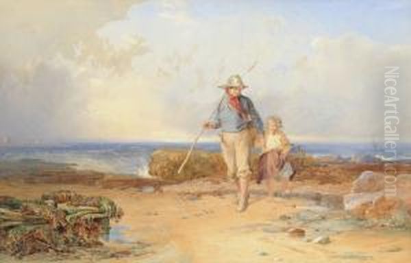 Coastal Scene At Low Tide With A Young Boy And Girl Oil Painting by John Henry Mole