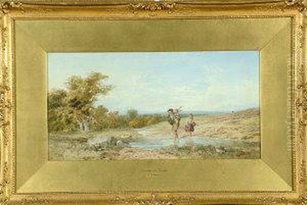 Three Children Fording A Stream Oil Painting by John Henry Mole