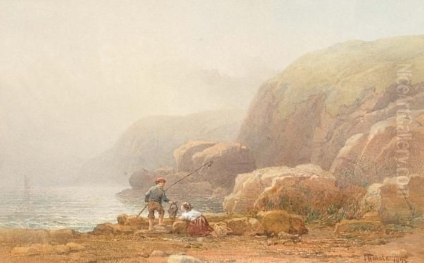 Fishing On A Rocky Beach Oil Painting by John Henry Mole