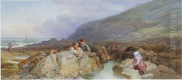 Children At A Rock Pool Oil Painting by John Henry Mole