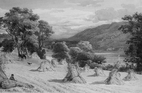 Riding Through The Harvest Field With Lake And Mountains Beyond Oil Painting by John Henry Mole