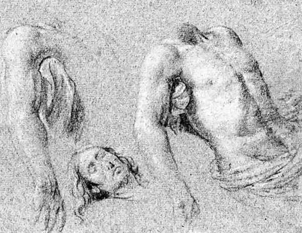 Studies of the right arm, torso and head of Christ, for a Pieta Oil Painting by Simon Vouet