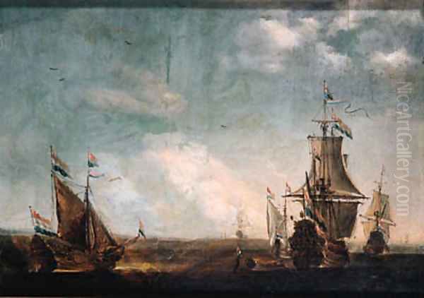 A calm an Amsterdam man-of-war with a state yacht at sea, other shipping nearby Oil Painting by Willem van de Velde the Younger