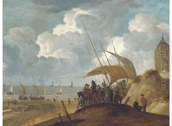 A coastal landscape with peasants and gentlemen on a beach by a boat Oil Painting by Willem van de Velde the Younger