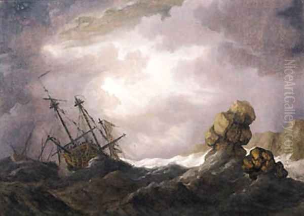 An English threemaster foundering in a gale off a rocky coast Oil Painting by Willem van de Velde the Younger