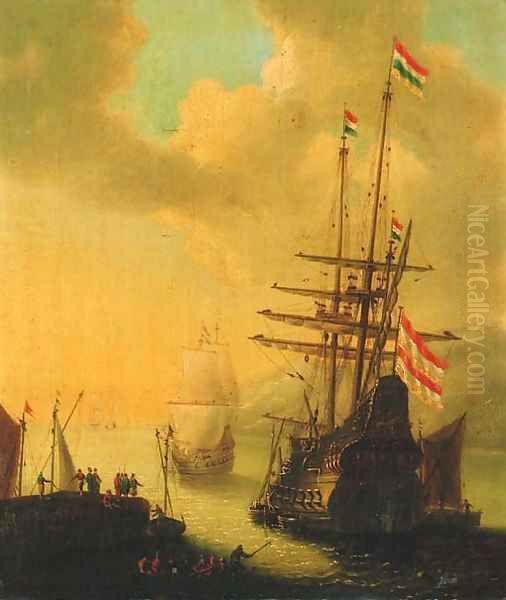 A Dutch man-o'-war departing a harbour Oil Painting by Willem van de Velde the Younger