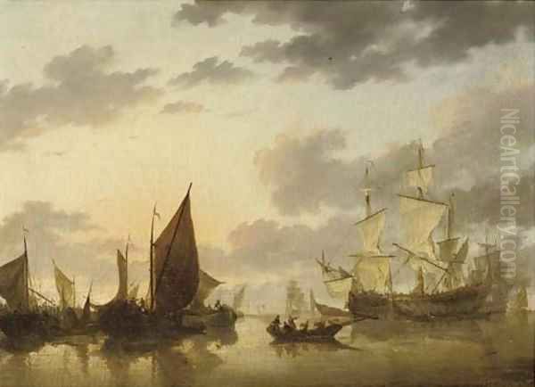 A Dutch three-master and other shipping in a calm Oil Painting by Willem van de Velde the Younger