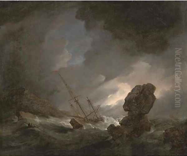 A shipwrecked man'o-war in stormy seas off a rocky coast, survivors in the foreground Oil Painting by Willem van de Velde the Younger