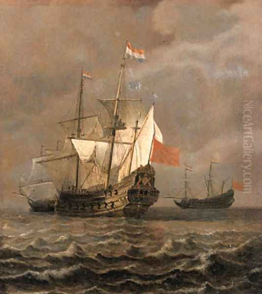 An Amsterdam man-o'-war at sea, as a storm approaches - a fragment Oil Painting by Willem van de Velde the Younger