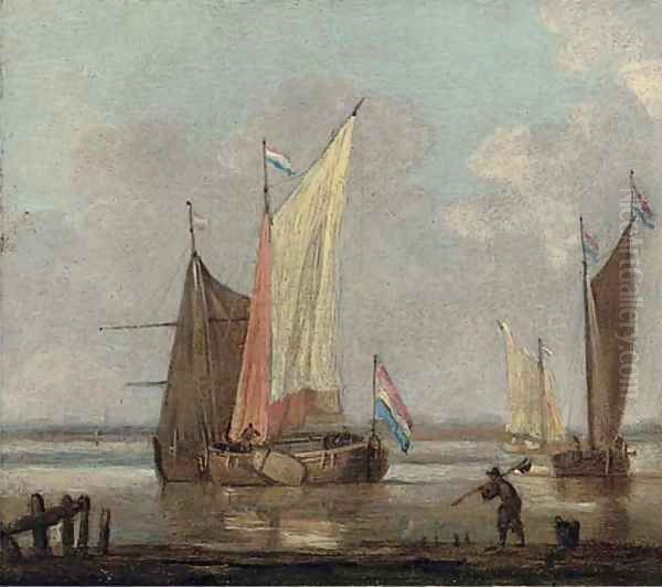 Shipping in an inlet in a calm Oil Painting by Willem van de Velde the Younger