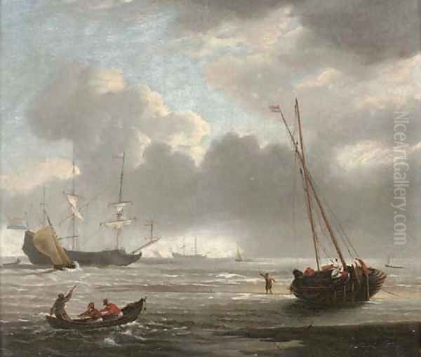 Two Dutch men-o'war anchored offshore amidst small craft Oil Painting by Willem van de Velde the Younger