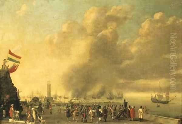 A fortified harbor with merchants and soldiers in the foreground, a naval battle beyond Oil Painting by Willem van de Velde the Younger