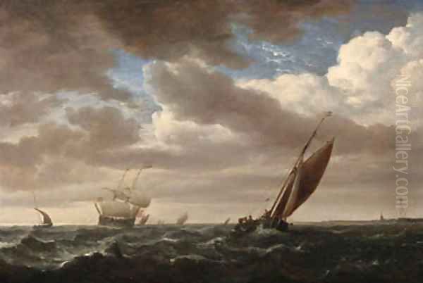 A kaag and other shipping in a fresh breeze Oil Painting by Willem van de Velde the Younger