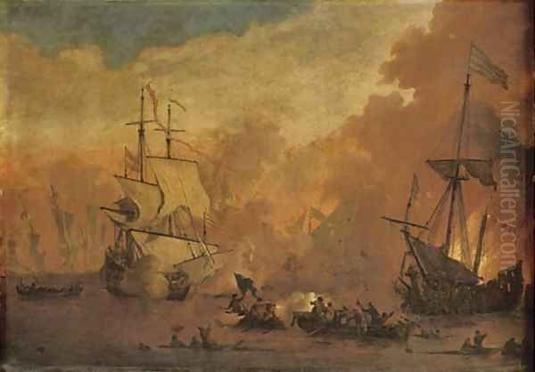 A man-o'-war firing at a sinking ship, smallschips exchanging fire from close range Oil Painting by Willem van de Velde the Younger