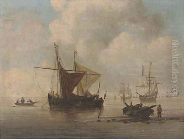 A Smalschip at anchor with a Kaag alongside a Weyschuit ashore Oil Painting by Willem van de Velde the Younger