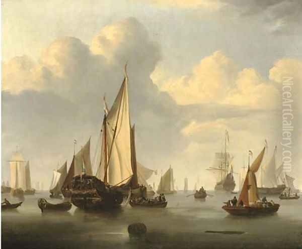 A States Yacht in a calm with a Dutch three-master and other boats Oil Painting by Willem van de Velde the Younger