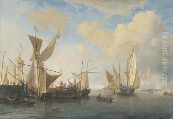 A wijdschip and a smalschip lying at a pierhead, a States Yacht leaving Oil Painting by Willem van de Velde the Younger