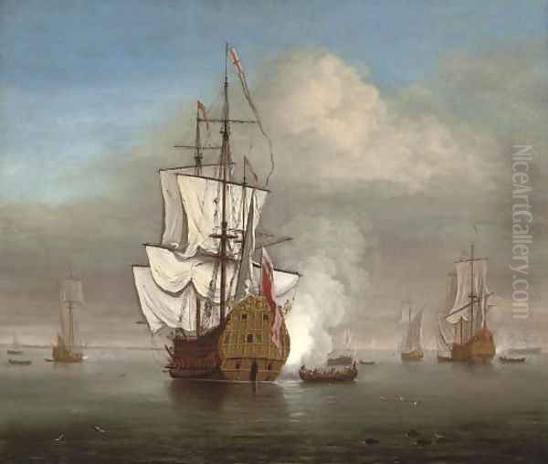 An English naval squadron announcing its departure from its anchorage Oil Painting by Willem van de Velde the Younger