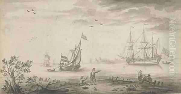 An English man-o'war and a Dutch smalschip at the mouth of the estuary Oil Painting by Willem van de Velde the Younger