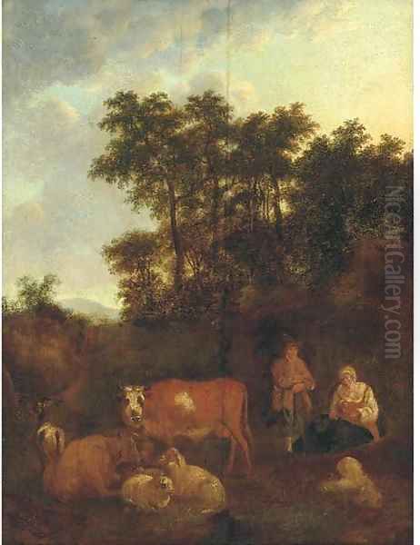 A pastoral landscape with a shepherd at rest with cattle and sheep Oil Painting by Adriaen Van De Velde