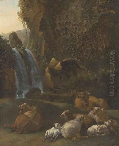 A rocky river landscape with sheep and cattle Oil Painting by Adriaen Van De Velde