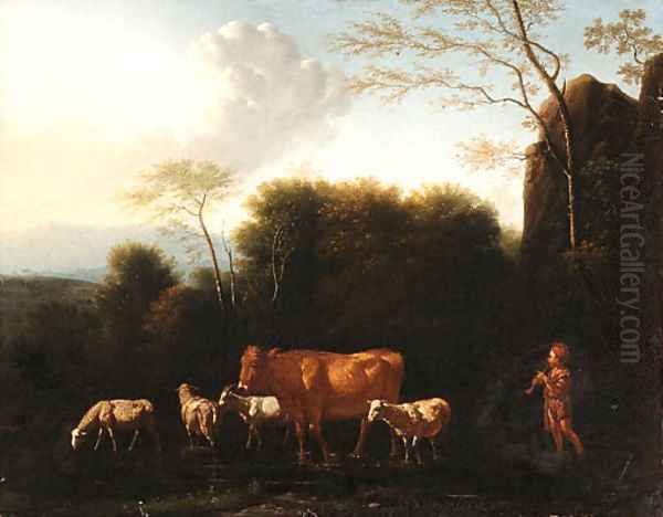 A Shepherd and Livestock fording a Stream Oil Painting by Adriaen Van De Velde