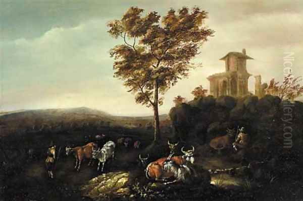 Cowherds by a classical ruin, in an Italianate landscape Oil Painting by Adriaen Van De Velde