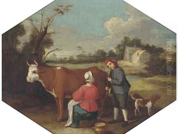 A milkmaid milking a cow with a farmhand in a landscape Oil Painting by Adriaen Van De Velde